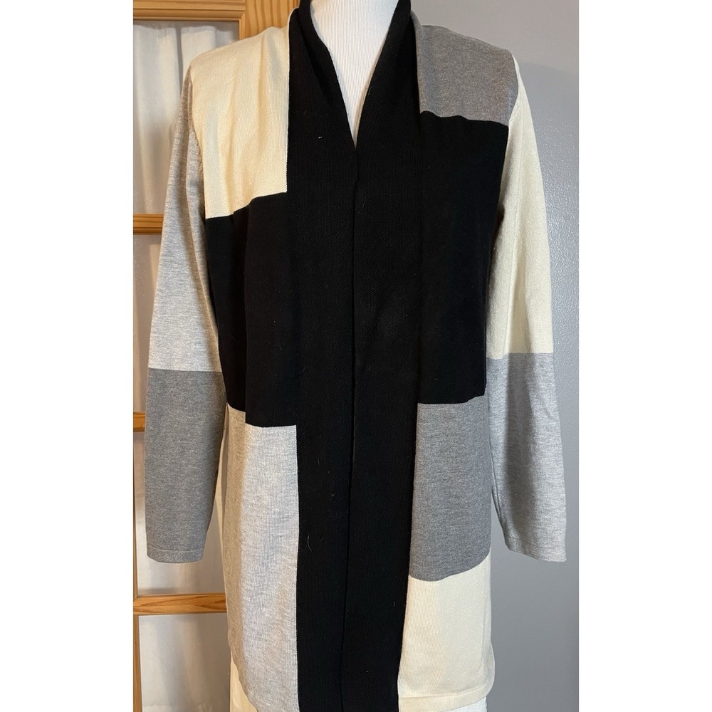 Vila Milano Open Front Cardigan Womens M Gray Black Knit Mid Length Coastal City